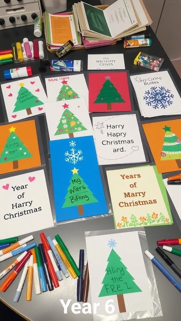 A collection of vibrant handmade Christmas cards with festive designs on a crafting table.
